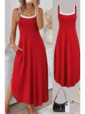 Kadın Ip Askılı Yuvarlak Yakalı Cepli Uzun Viskon Elbise