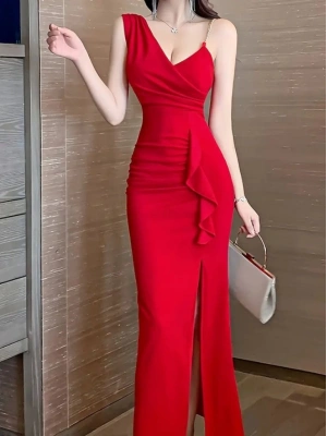 Kadın Ip Zincir Askılı Kruvaze Yakalı önden Fırfırlı Yırtmaçlı Janjan Krep Elbise