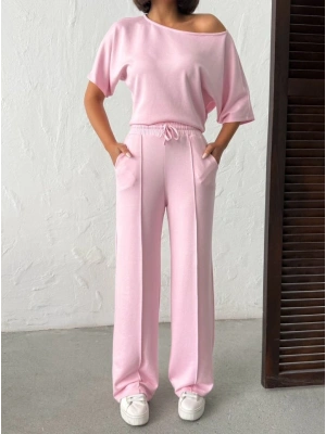 Kadın İsa Kollu Kayık Yaka Bluz Ve Pantolon isal Kumaş Ikili Takım