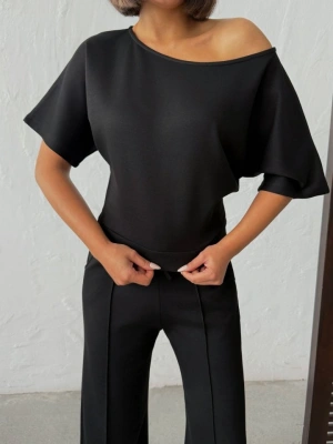 Kadın İsa Kollu Kayık Yaka Bluz Ve Pantolon isal Kumaş Ikili Takım