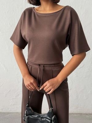 Kadın İsa Kollu Kayık Yaka Bluz Ve Pantolon isal Kumaş Ikili Takım