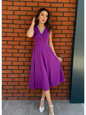 Kadın Ithal Krep Kumaş Kruvaze Yaka Eteği Kloş Kolsuz Midi Elbise