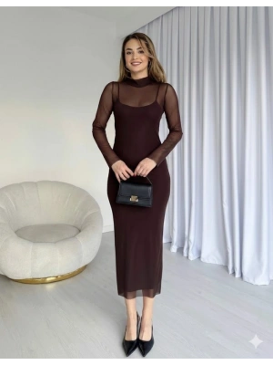 Kadın iyah Hakim Yaka Tül Detaylı idi Boy Esnek Elbise