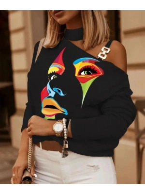 Kadın iyah Mikro Kumaş Kadın Figür Baskılı Toka Detaylı Bluz