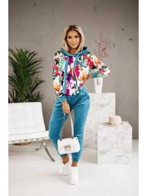 Kadın Kadife Kumaş Uzun Kollu Kapüşon Detay çiçek Baskılı Sweat Ve Pantolon Ikili Takım