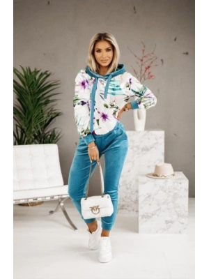 Kadın Kadife Kumaş Uzun Kollu Kapüşon Detay çiçek Baskılı Sweat Ve Pantolon Ikili Takım