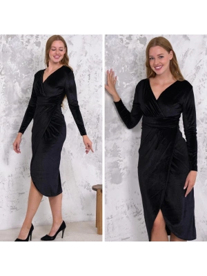 Kadın Kadife Kumaş V Yaka Uzun Kollu Midi Boy Elbise