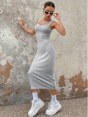 Kadın Kalın Askılı Kare Yaka Fitilli Kaşkorse Midi Boy Elbise