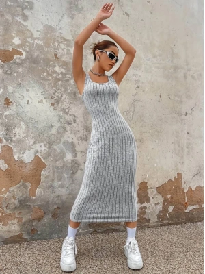 Kadın Kalın Askılı Kare Yaka Fitilli Kaşkorse Midi Boy Elbise