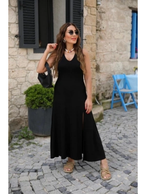 Kadın Kalın Askılı V Yaka Yırtmaç Detay Viskon Elbise