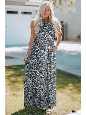 Kadın Kalın Askılı Yuvarlak Yaka Cepli Süprem Maksi Elbise