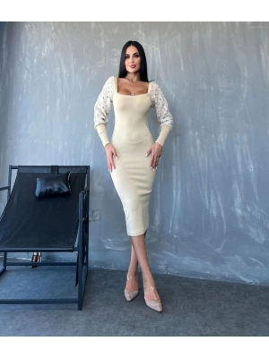 Kadın Kare Yaka Kolları anşet Ve Tül Detay Fırsat ürün idi Boy Elbise