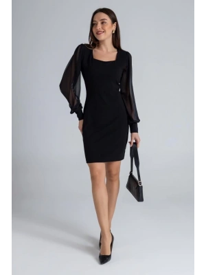 Kadın Kare Yaka Kolları Tül Sandy Kumaş Fırsat ürün Mini Siyah Elbise