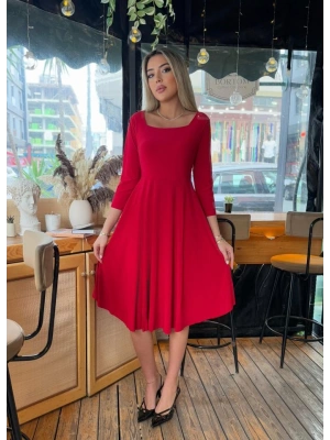 Kadın Kare Yaka Truvakar Kol Fırsat ürün Midi Boy Elbise