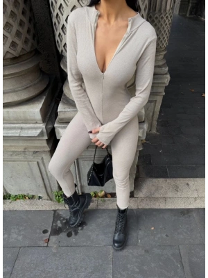 Kadın Kaşkorse Kumaş Fermuar Detaylı Tulum