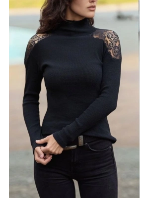 Kadın Kaşkorse Kumaş Tül Detaylı Uzun Kollu Bluz