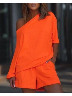 Kadın Kayık Yaka Oversize Asimetrik Bluz Ve şort Iki Iplik Takım