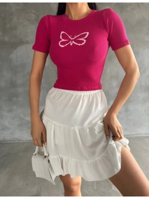 Kadın Kelebek Desenli Bisiklet Yaka Fit Bluz