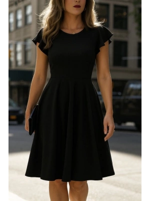 Kadın Kelebek Kollu Bisiklet Yakalı Pileli Ithal Krep Elbise