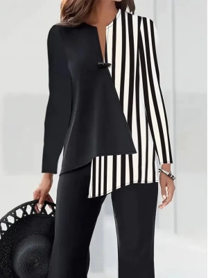 Kadın Keten Kumaş çizgi Desenli Uzun Kollu Bluz