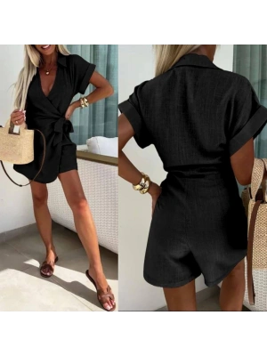 Kadın Keten Kumaş Gizli Fermuar Ve Belde Kuşak Detaylı Tulum