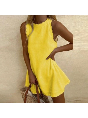 Kadın Keten Kumaş ıfır Kol Mini Boy Elbise