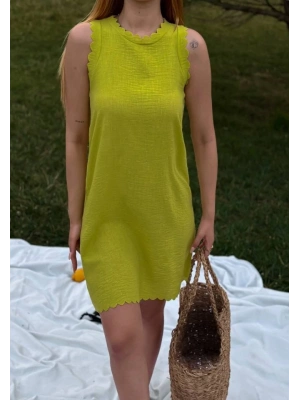 Kadın Keten Kumaş Kolsuz Mini Boy Elbise