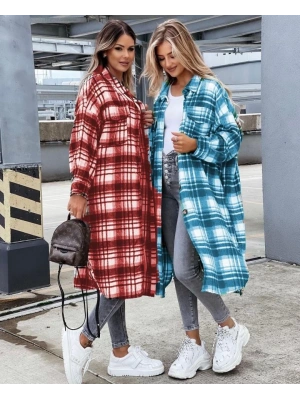 Kadın Kırmızı Uzun Ekose Detay Fırsat ürün Ekose Ceket