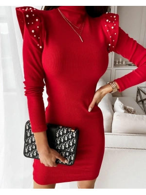 Kadın Kırmızı Uzun Kollu Balıkçı Yaka Omuzlarda Pile Inci Detay Kaşkorse Elbise