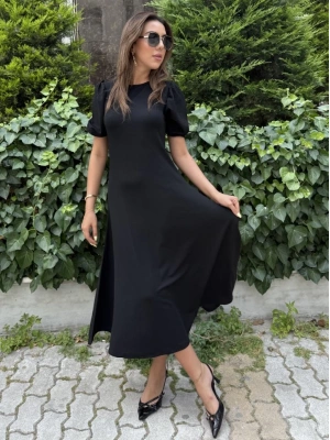 Kadın Kısa Balon Kollu Bisiklet Yaka Geniş Kesim Janjan Krep Elbise