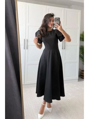 Kadın Kısa Balon Kollu Bisiklet Yaka Geniş Kesim Janjan Krep Elbise