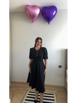 Kadın Kısa Balon Kollu Bisiklet Yaka Kiloş Janjan Krep Elbise