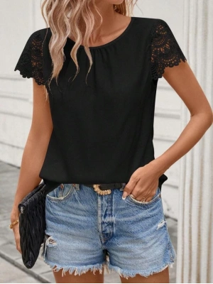 Kadın Kısa Dantel Kollu Bisiklet Yaka Sandy Bluz