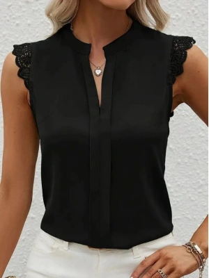 Kadın Kısa Dantel Kollu Hakim Yaka Ithal Krep Bluz