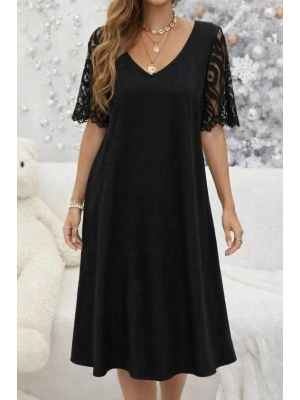 Kadın Kısa Dantel Kollu V Yakalı Midi Viskon Elbise