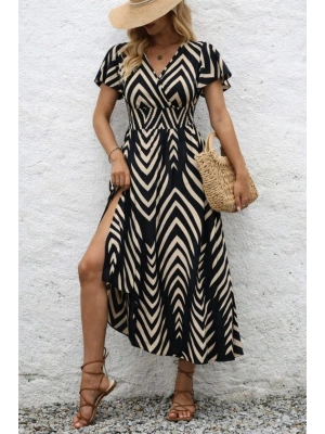 Kadın Kısa Fırfır Kollu Kruvaze Yakalı Beli Lastikli Desenli Uzun Elbise