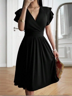 Kadın Kısa Fırfır Kollu Kruvaze Yakalı Kiloş Janjan Krep Elbise