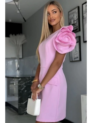 Kadın Kısa Gül Detaylı Kollu Bisiklet Yaka Cepli Mini Atlas Elbise