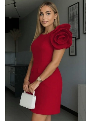 Kadın Kısa Gül Detaylı Kollu Bisiklet Yaka Cepli Mini Atlas Elbise