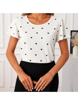Kadın Kısa Kelebek Kollu Bisiklet Yaka Kalp Desenli Süprem Bluz