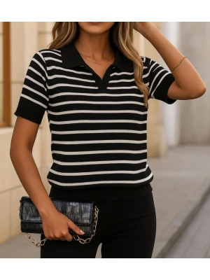 Kadın Kısa Kol Polo Yaka çizgi Desen Triko Bluz
