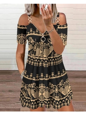Kadın Kısa Kollu Aksesuar Fermuarlı Etnik Desen Mikro Elbise