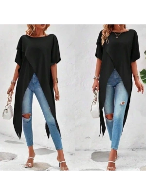 Kadın Kısa Kollu Asimetrik Kesim andy Uzun Bluz