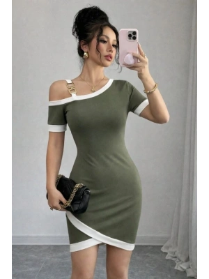 Kadın Kısa Kollu Asimetrik Kesim Yaka şerit Ve Aksesuar Detaylı odal Elbise