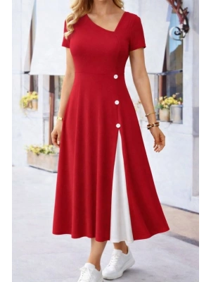 Kadın Kısa Kollu Asimetrik Yakalı Düğme Detaylı Midi Viskon Elbise