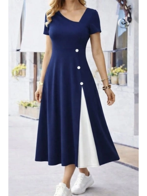 Kadın Kısa Kollu Asimetrik Yakalı Düğme Detaylı Midi Viskon Elbise