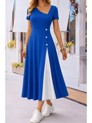 Kadın Kısa Kollu Asimetrik Yakalı Düğme Detaylı Midi Viskon Elbise