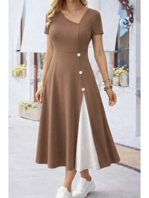 Kadın Kısa Kollu Asimetrik Yakalı Düğme Detaylı Midi Viskon Elbise