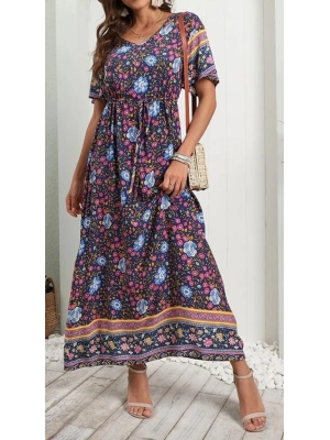 Kadın Kısa Kollu Beli Lastikli çiçek Desen Tam Boy Elbise