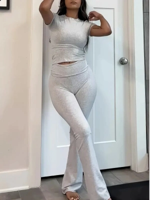 Kadın Kısa Kollu Bisiklet Yaka Alt Ispanyol Paça Viskon Ikili Takım